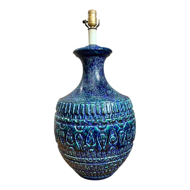 Vintage Mid-Century Modern Blue Glazed Ceramic Lamp For Sale