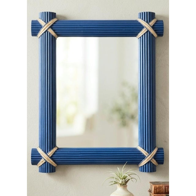 Massive Custom Painted Fluted Glossy Navy Blue Gold Leaf X Corners Nautical Wall Mirror For Sale In West Palm - Image 6 of 8