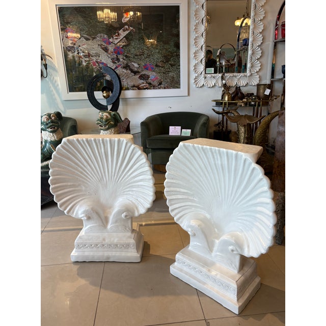 Vtg. Pair Palm Beach Coastal Concrete Scalloped Shell Seashell White Dining Table Bases For Sale - Image 10 of 12
