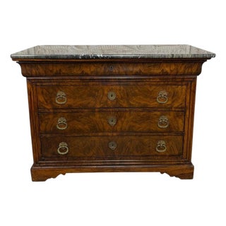Antique French Louis Philippe Burl Walnut Commode-Marble Top For Sale