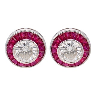 Contemporary Diamond Ruby 18k White Gold Target Stud Earrings, A Pair For Sale
