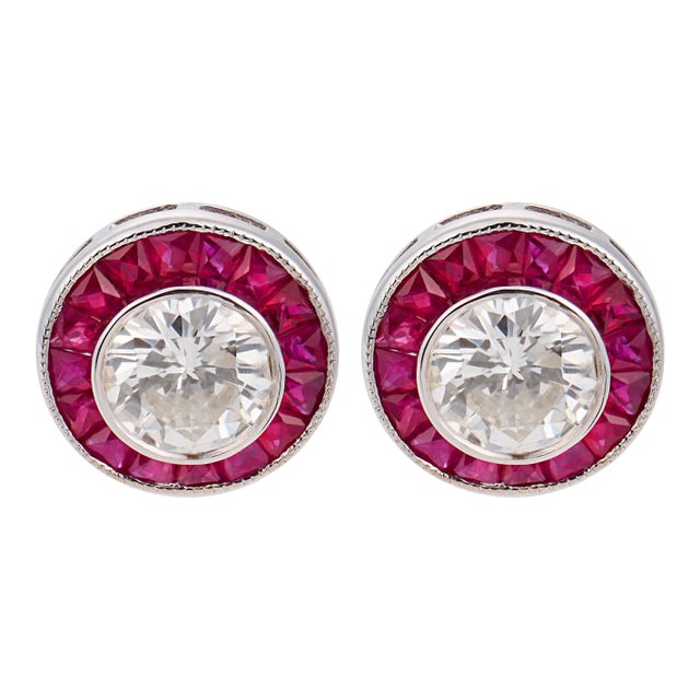 Contemporary Diamond Ruby 18k White Gold Target Stud Earrings, A Pair For Sale