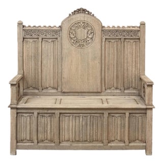 19th Century French Gothic Revival Hall Bench in Stripped Oak For Sale