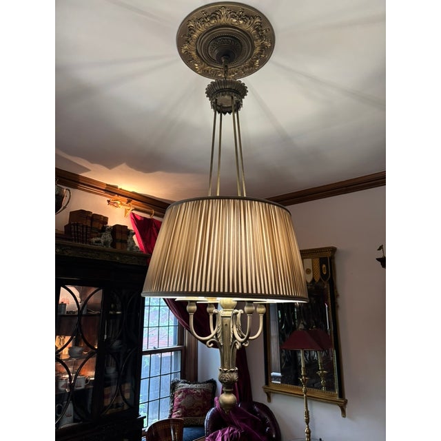 Late 20th Century Maitland-Smith Four Light Bouillotte Chandelier, Large Hand Made Silk Shade, Unique Architectural Design, Burnished Bronze Finish For Sale - Image 14 of 14