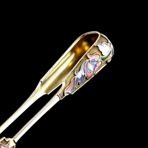 Antique Russian Silver Enamel Cloisonne Sugar Tongs by Maria Semenova, 1900s For Sale - Image 5 of 15