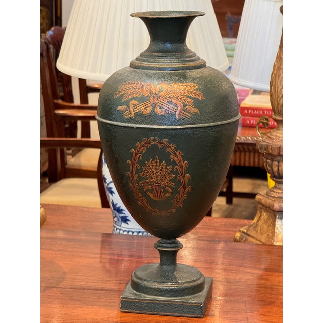 Green Pair of Neoclassical Tole Urns For Sale - Image 8 of 11