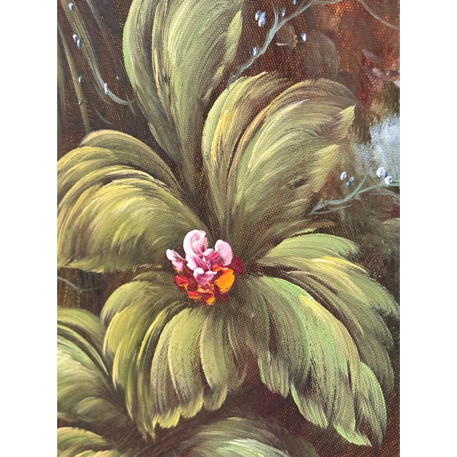Large White Peacock Garden Oil Painting in Antique Ornate Gilt Florentine-Style Frame For Sale - Image 10 of 12