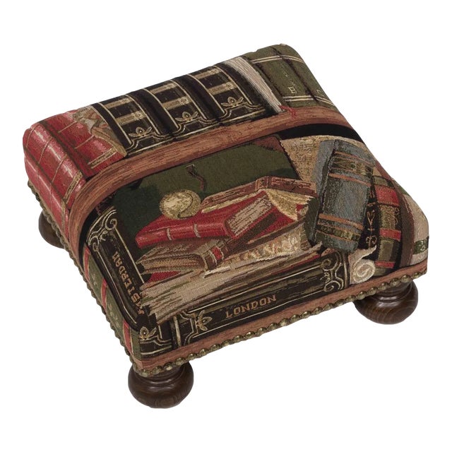 00 English Traditional Library Motif Tapestry Footstool With Bun Feet For Sale