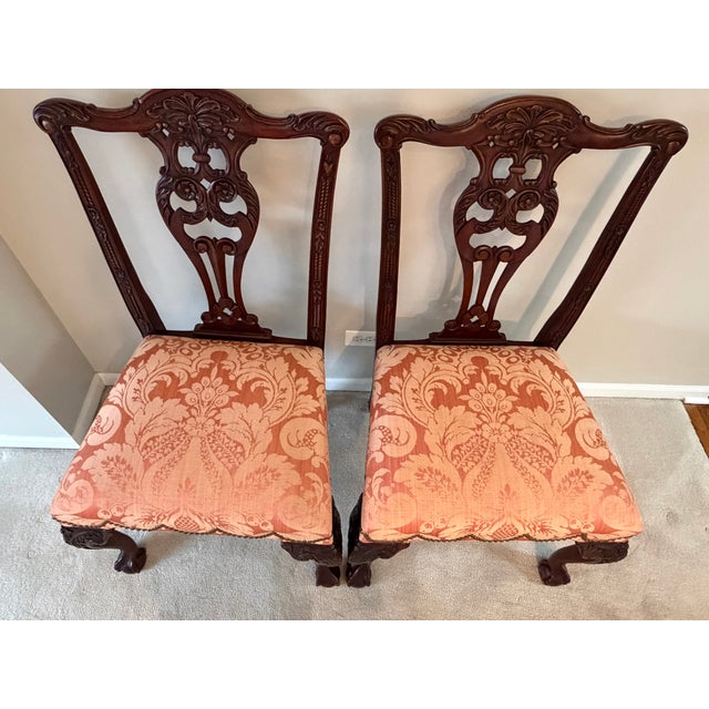 Vintage Chippendale Carved Mahogany and Damask Dining Chairs - Set of 4 For Sale - Image 12 of 18