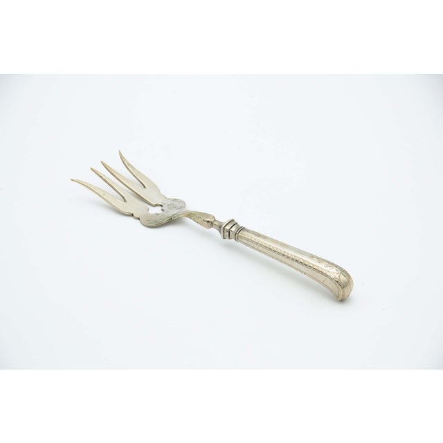 Silver Fish Serving Fork with Strips, Engraved Acanthus Leaf and Pistol-Shaped Handle For Sale - Image 4 of 4