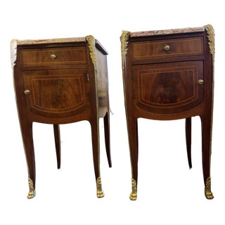19th Century French Burled Walnut Marble Top Side Tables For Sale