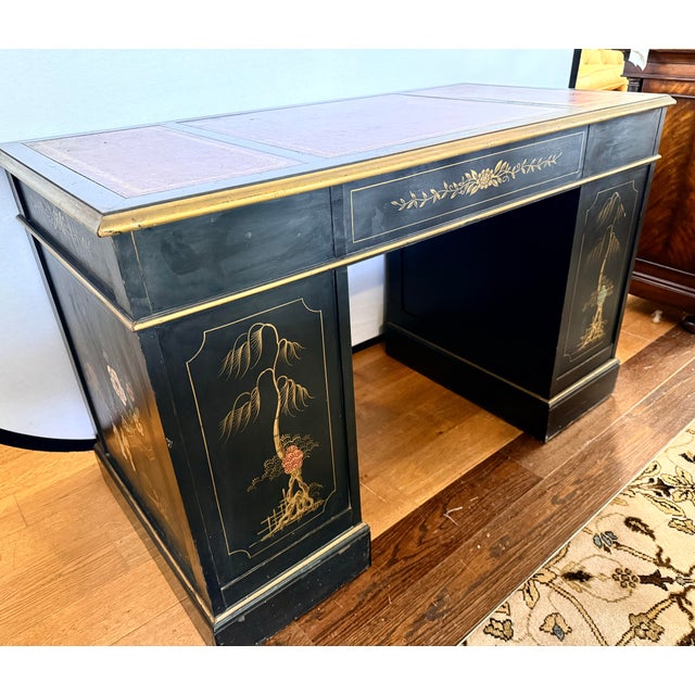 Sligh-Lowry Furniture Co. Chinoiserie Ebonized Hand Painted Kneehole Leather Top Desk For Sale - Image 4 of 12