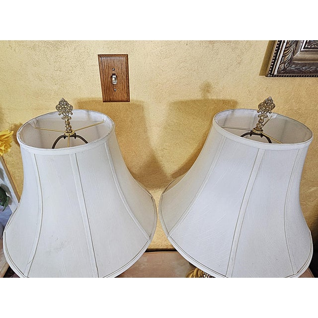 Pair of Tall Brass Table Lamps With Ivory Bell Shades – Hollywood Regency Style For Sale - Image 16 of 18