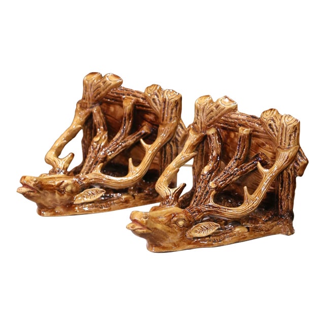 Pair of Early 20th Century French Barbotine Wall Brackets With Stag Motifs For Sale