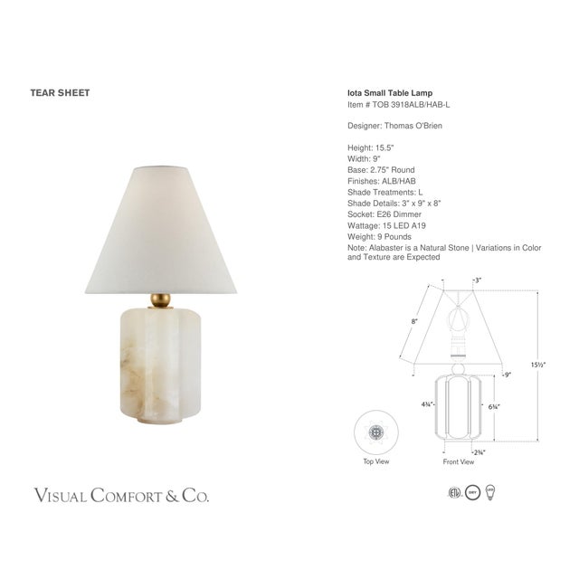 Thomas O'Brien by Visual Comfort Signature Iota Small Table Lamp in Alabaster and Hand-Rubbed Antique Brass with Linen...