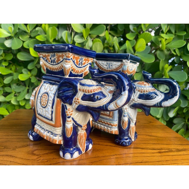 Vintage Blue Glazed Elephant Planters, Pair For Sale - Image 4 of 11