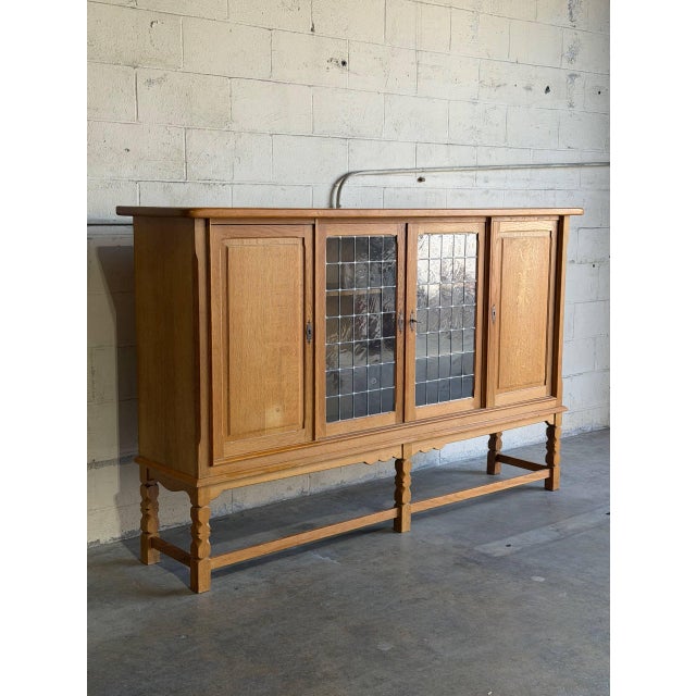 In Style of Henning Kjærnulf Large Oak Sideboard Сredenza With 2 Leaded Glass Mid-Century Modern Denmark 1960s For Sale In Los Angeles - Image 6 of 10