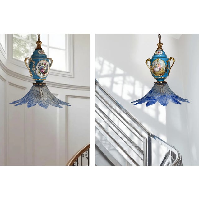 Antique Sevres-Style Bleu Celeste Romantic Floral Porcelain With Murano Art Glass Lotus Blue Shade For Sale - Image 9 of 17