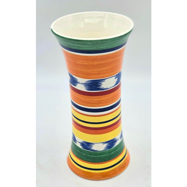 Offered is a vintage "Que viva Escada" polychrome ceramic trumpet vase designed by Margaretha Ley for Escada (the German...
