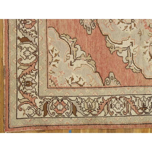 Antique Oushak Rug, Handmade Oriental Rug, Coral, Beige, Taupe Fine Rug For Sale In New York - Image 6 of 11