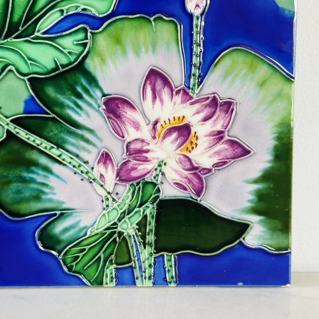 Mid-Century Modern Antique Art Pottery Waterlilly Glazed Decorative Wall Tile in Blue, Green and Pink For Sale - Image 3 of 7