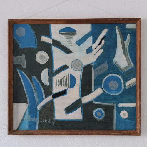 Original abstract painting by Latvian artist Uldis Rēdelis, created in 2006. The composition features layered geometric...