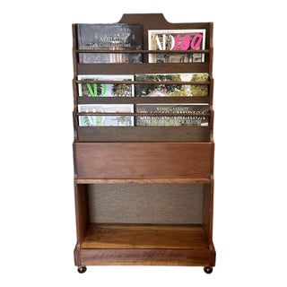 Vintage Mid Century / Arts & Crafts Wooden Book Shelf / Case / Trough / Magazine Rack / Library Stand / Holder With Rolling Brass Ball Feet For Sale