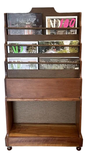 Vintage Mid Century / Arts & Crafts Wooden Book Shelf / Case / Trough / Magazine Rack / Library Stand / Holder With Rolling Brass Ball Feet