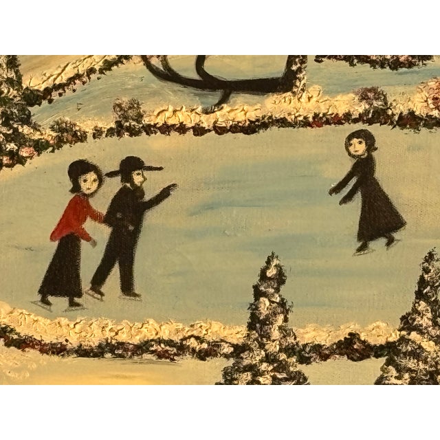 A Romantic Day by the Pond Original oil on canvas, artist signed, winter scene in the American folk style. Images of...