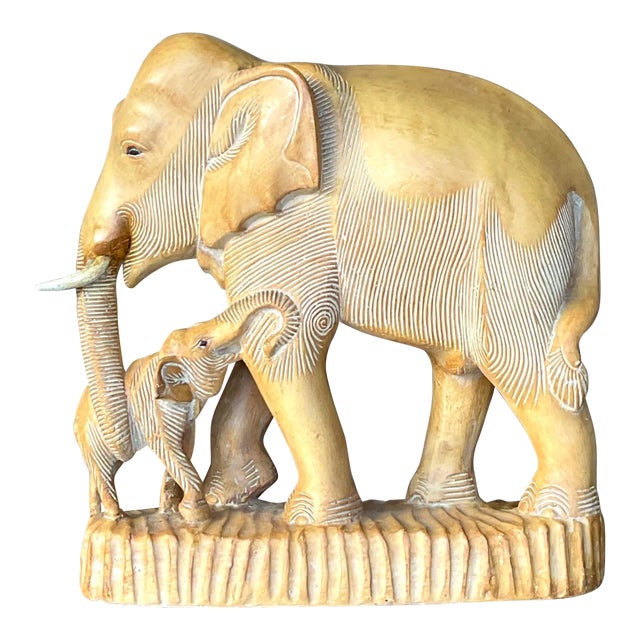 Vintage Boho Hand Carved Elephants Sculpture For Sale