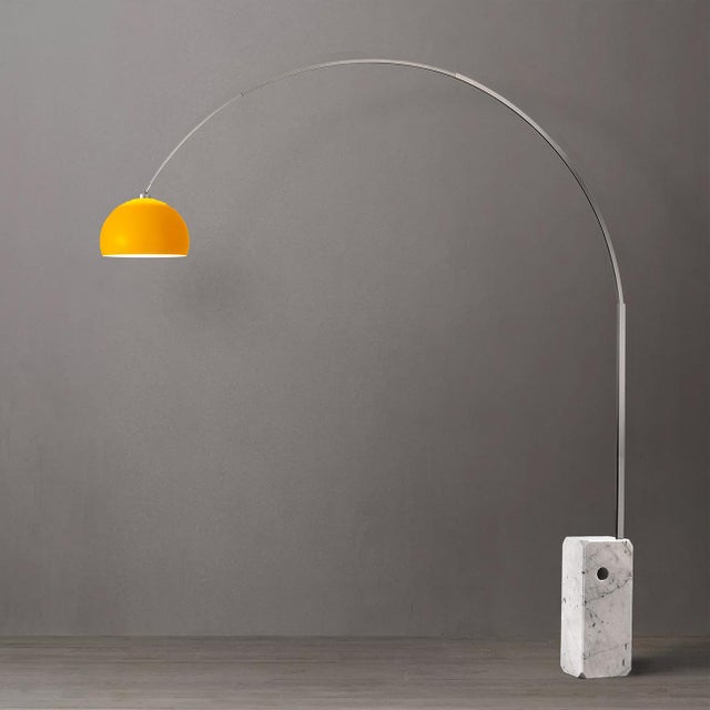 Overhead light without the ceiling work - a half-dome mustard arc lamp in satin nickel and white marble, 95 inches of...