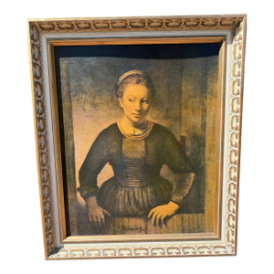 1960s Vintage Framed Reproduction of Rembrandt’s “Young Woman at an Open Half-Door”