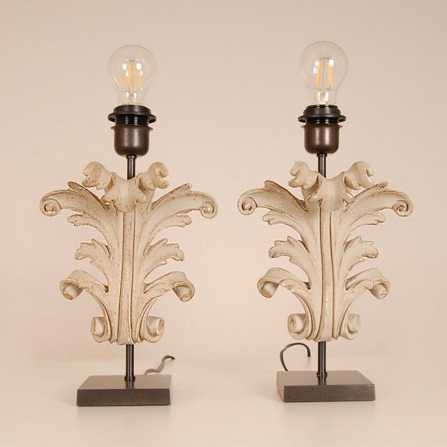 Late 20th Century Vintage Table Lamps French Country Taupe Carved Wood Acanthus Leaf Tariff Free Delivery - A Pair For Sale - Image 5 of 12