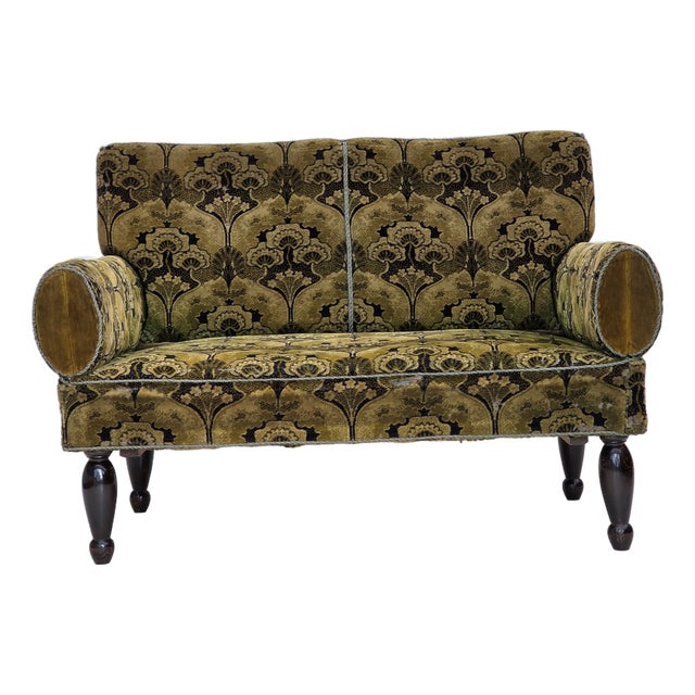 Vintage Danish Two-Seater Drop Arm Sofa in Green Furniture Velour, 1930s For Sale