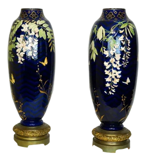 Tall Cobalt Blue Porcelain and Bronze Vases with Floral Decorations - A Pair