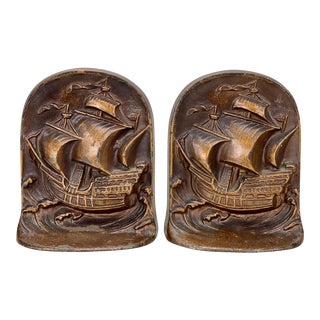 Antique Arts & Crafts Spanish Brass Galleon Sailing Ship Bookends - a Pair For Sale