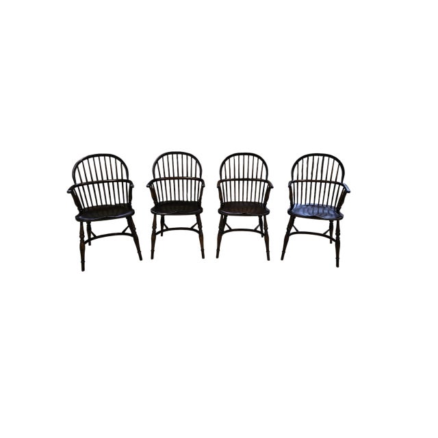 4 x Classic Georgian Bow and Stick Back Windsor Chair / Crinoline stretcher chairs with Saddled Seat / Turned Armrest...