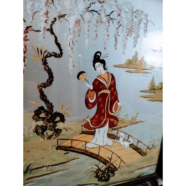 1960s Vintage Chinoiserie Geisha Asian Painting in Vintage Fretwork Mahogany Wood Frame For Sale - Image 5 of 6