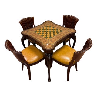 Late 20th Century Maitland-Smith Hollywood Regency 5-Piece Game Table & Carved Shell-Back Chairs Set For Sale