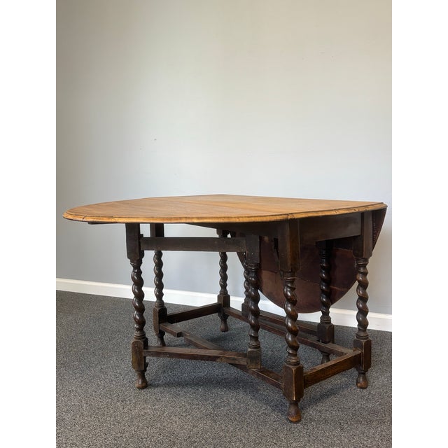 Antique English Oak Drop Leaf Gate Leg Table With Barley Twist For Sale - Image 9 of 12