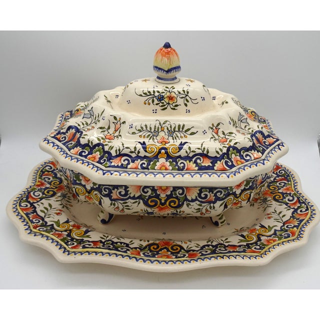 Large Vintage Hand Painted French Vieux Rouen Tureen with Charger, 1930s For Sale - Image 6 of 18