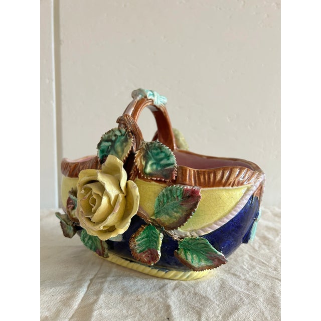 Antique French Barbotine Majolica Basket Vase Applied Rose Vase For Sale In Washington DC - Image 6 of 12