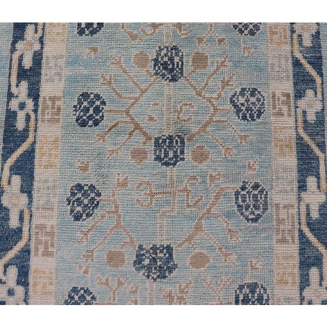 Baby Blue Turkish Khotan Designed Runner With Pomegranate Design in Cream, Tan and Blues For Sale - Image 8 of 11