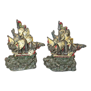 Pair Antique Nautical Cold Painted Bronze Clad Sail Ship Boat Nautical Bookends