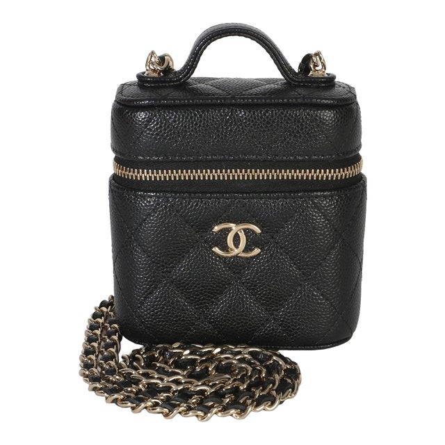 Black Quilted Caviar Small Handle With Care Vanity Case With Chain For Sale