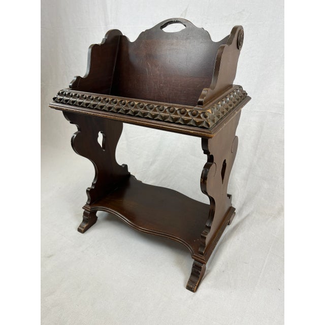 English Vintage 1930s Mahogany Magazine & Bookstand - Jacobean/Victorian-Revival Period For Sale - Image 3 of 15