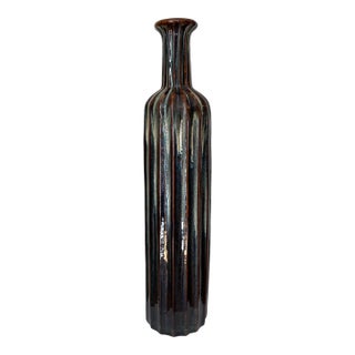 Monumental Mid-Century Modern Ribbed Ceramic Floor Vase With Drip Glaze For Sale
