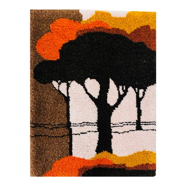 70s Danish Marimekko Mid Century Modern Rya Type Landscape Trees Rug Wall Hanging Art Finland For Sale