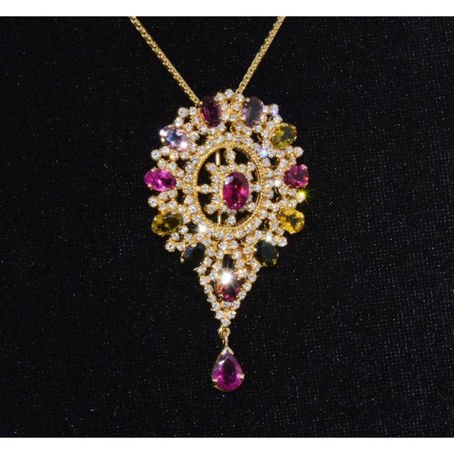 Metal Certified Natural 10.46Cts VS G Diamond Multi Tourmaline 18K Gold Pendant Brooch For Sale - Image 7 of 10