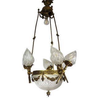 French Art Nouveau Brass and Glass Torch Chandelier For Sale